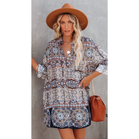 Vici Blue and Brown Patterned Dress - Picture 1 of 11